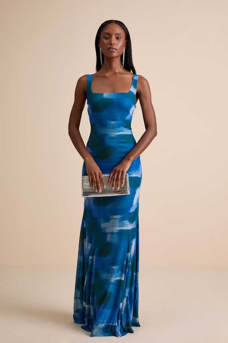 NEW Lulus Zemina Blue Abstract Godet Watercolor Pleated Mermaid Maxi Dress XS